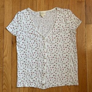 Sezane Indira Top white with pink ditsy florals and white buttons